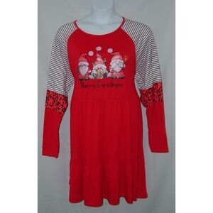 Plus Sz 3X / 4XL Red Stretchy Christmas Holiday Gnomes Tiered Knee Length Dress